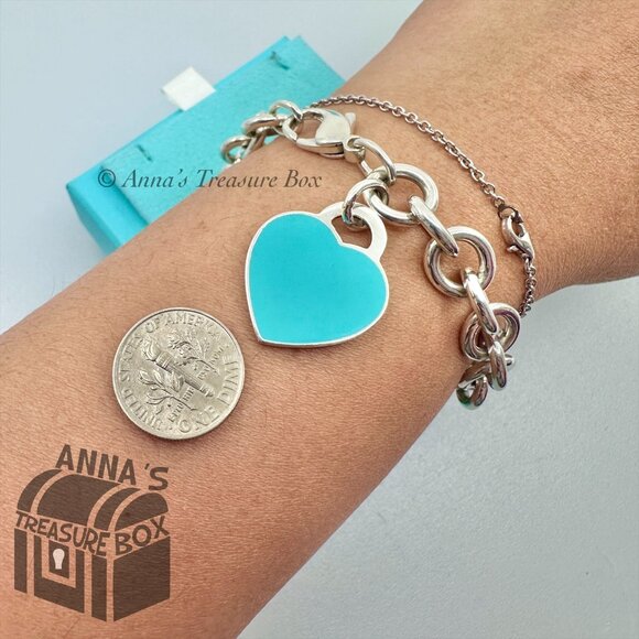 Return To Tiffany & Co. Silver 925 Blue Enamel RTT Heart 7.75" Bracelet (pouch) - Picture 5 of 5